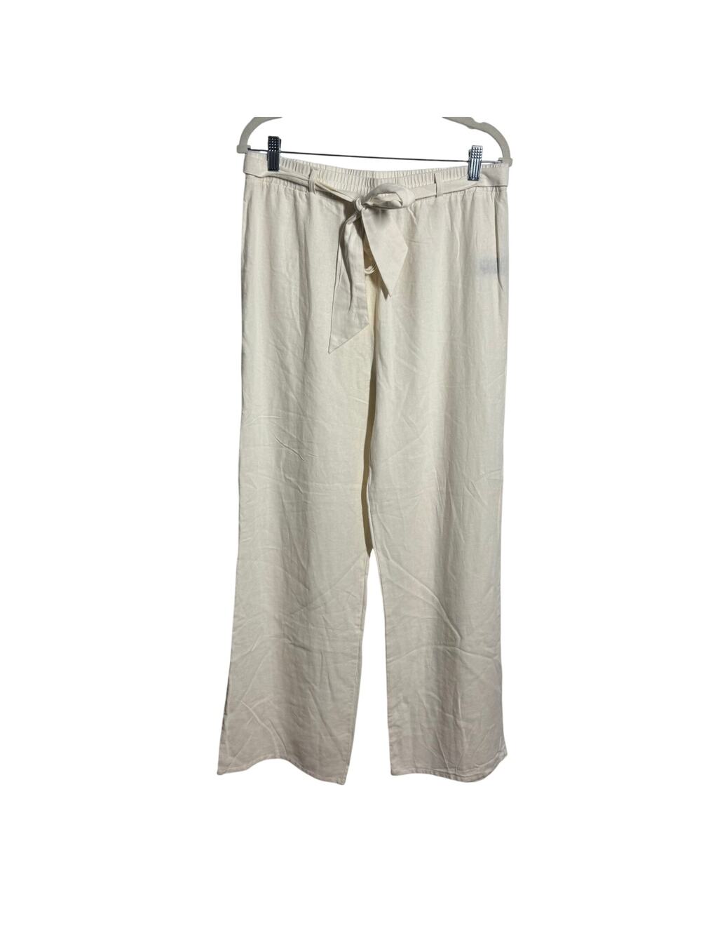 Ambiance Apparel Linen Blend Drawstring WideLeg Pant Women L Ivory Coastal Beach